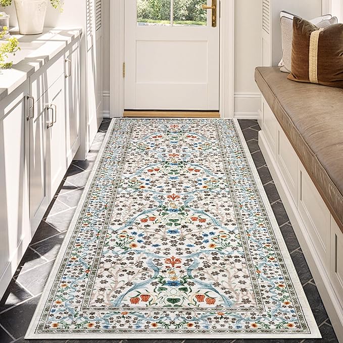 GarveeHome Washable Kitchen Runner Rug, Floral 2x6 Rug for Hallway Non Slip Stain Resistant, Ultra-Thin Boho Soft Hallway Rug for Entryway, Laundry Room Floor Mat, Beige