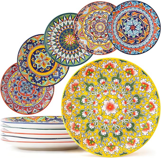 6-piece Bohemian plates, 8-inch main course plates, suitable for serving beef, lamb chops, turkey, and various main dishes; safe for microwave, oven, and dishwasher use