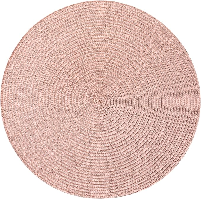 Round Placemats Set of 4 Plastic Woven Placemats Washable Wipeable Table Mats for Dining Table Heat Resistant Non-Slip Circle Place Mats (Sandstone Pink)
