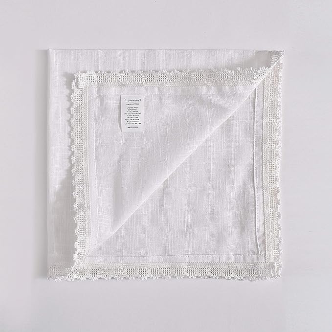 FINGERCRAFT Dinner Cloth Napkin Cotton Linen 12 Pack Vintage Rustic Premium Quality Mitered Corners Napkin Cloth with Elegant Lace for Everyday Use Pre Shrunk and Good Absorbency 20x20 in White
