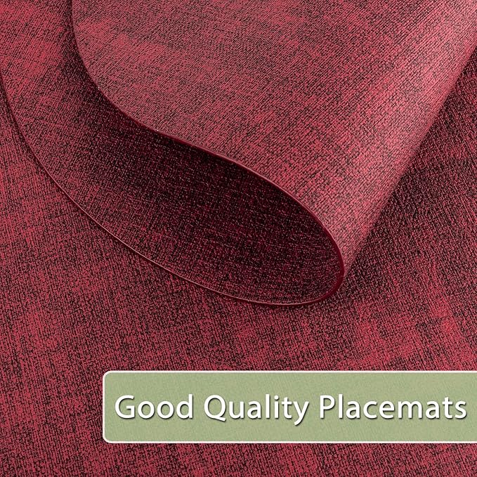 Placemats Set of 12 Washable, Heat Resistant Table Placemats Wipeable Faux Leather Oval Place Mats Non Slip, Waterproof Oval Table Mats for Indoor Outdoor, Wine Red
