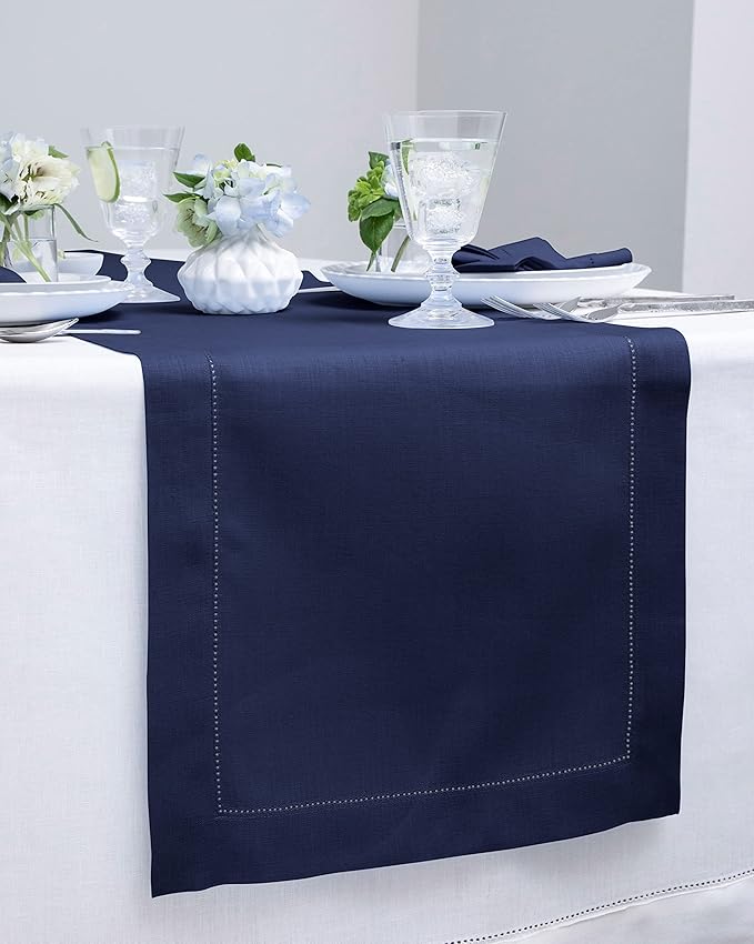 Solino Home Linen Navy Blue Table Runner 60 Inches - Classic Hemstitch, 100% Pure Linen Coffee Table Runner 14 x 60 Inch Ideal for Dresser Tables - Easter