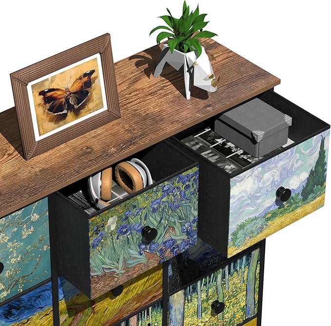 EXOTICA Large Chest of Drawers 15 Drawer Dresser Van Gogh Tall Fabric Dresser for Bedroom Living Room Entryway Closet with Sturdy Metal Frame and Wooden Top