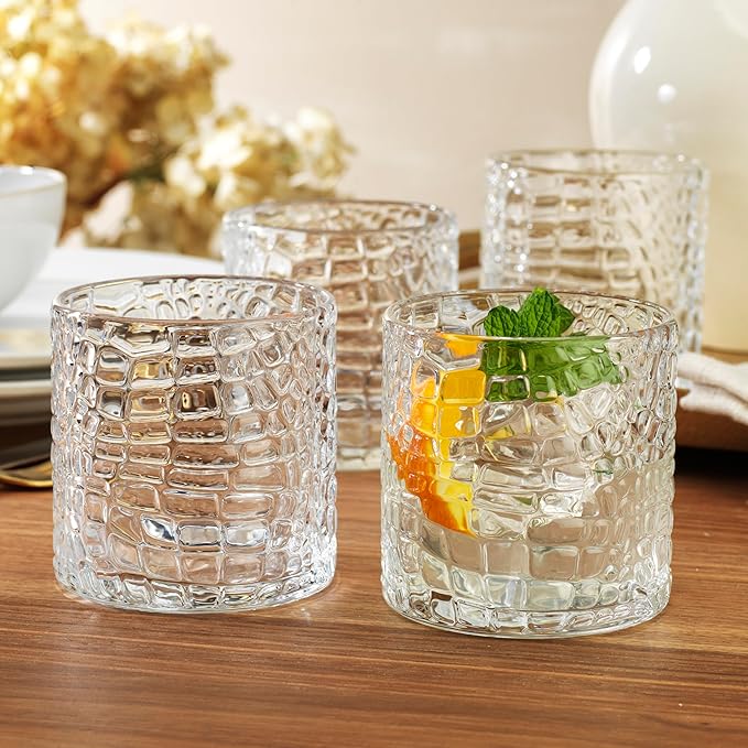 Glaver's DOF Set of 4 Clear 13oz Drinking Glasses Patent Crackle Textured Design Double Old Fashioned Whiskey Glasses Home Everyday Bar Glassware