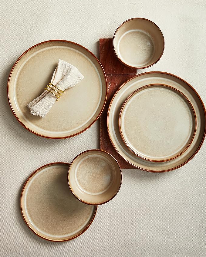 Dinnerware Set for 8, Ceramic Dish Sets, Plate and Bowl Set, Microwave & Dishwasher Safe Dishware Set, Chip & Scratch Resistant Dinner Set, One-of-a-Kind Design, Amber Brown