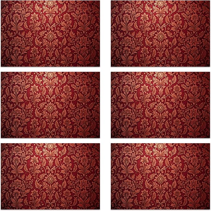 Luxury Jacquard Placemats Set of 6, Red Ethnic Bohemian Waterproof Linen Fabric, Non-Slip Backing & Easy Clean, Elegant Dining Table Protectors for Family and Guests