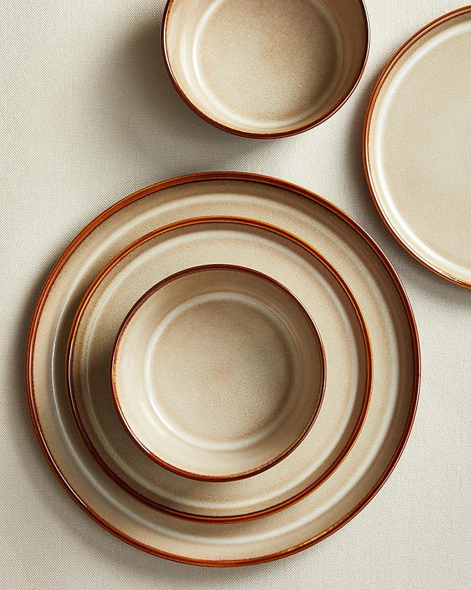Dinnerware Set for 8, Ceramic Dish Sets, Plate and Bowl Set, Microwave & Dishwasher Safe Dishware Set, Chip & Scratch Resistant Dinner Set, One-of-a-Kind Design, Amber Brown