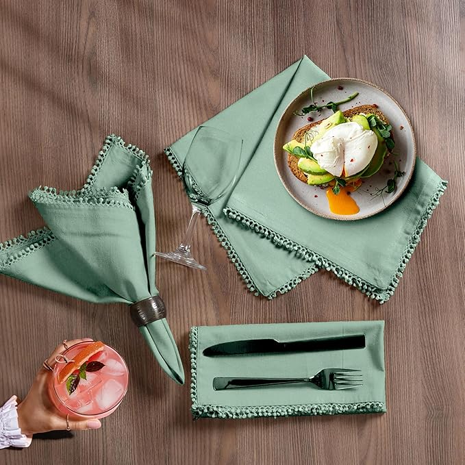 Bedding Craft Cotton Cloth Dinner Napkins Set of 12 – 18x18 Teal with Decorative Lace Selvedge – Reusable Machine Washable Fabric Napkins for Weddings, Baby Showers, Parties & Table Décor