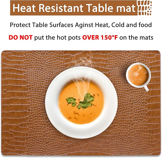 Jovono Faux Leather Placemats Set of 8, Waterproof Heat Resistant Dinner Place Mats for Dining Table, Non-Slip Crocodile Embossed, Brown (17.8x11.8 Inch)