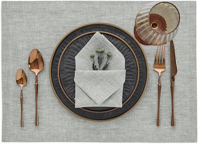 Solino Home Linen Cloth Napkins Set of 4-100% Pure Linen Chambray Grey Dinner Napkins 20 x 20 Inch - Athena, Handcrafted and Machine Washable