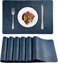 Faux Leather Placemats Set of 6, Washable Place Mats, Wipeable Waterproof Oil-Proof Heat Resistant Table Mats, Vinyl Placemats Rectangular Place Mat for Table Indoor Outdoor (Navy Blue)