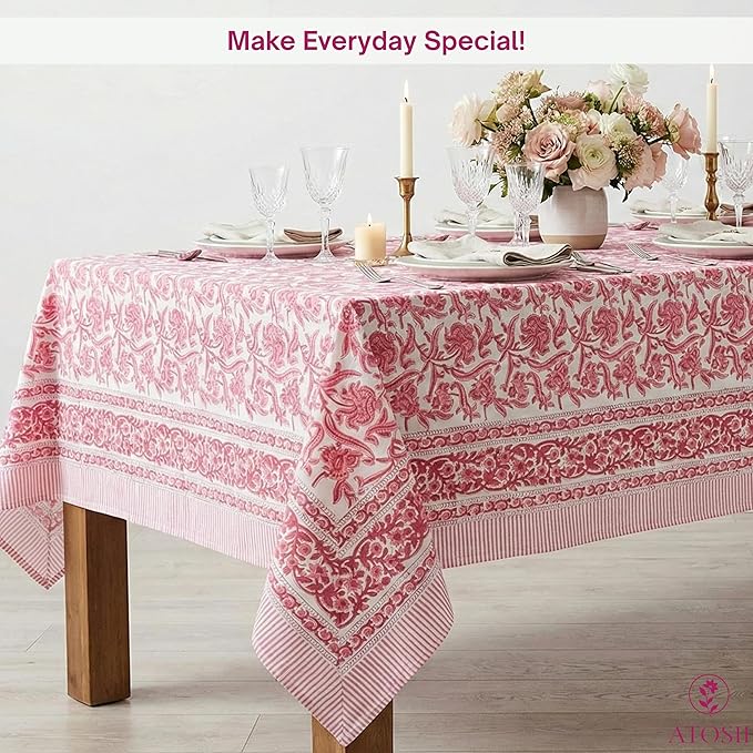 ATOSII Red Bloom 100% Cotton Tablecloth, Handblock Print Rectangle Table Cover for Kitchen Dining I Tabletop Linen I Parties, Wedding, Spring Summer Table Cloth 60 X 108 Inches