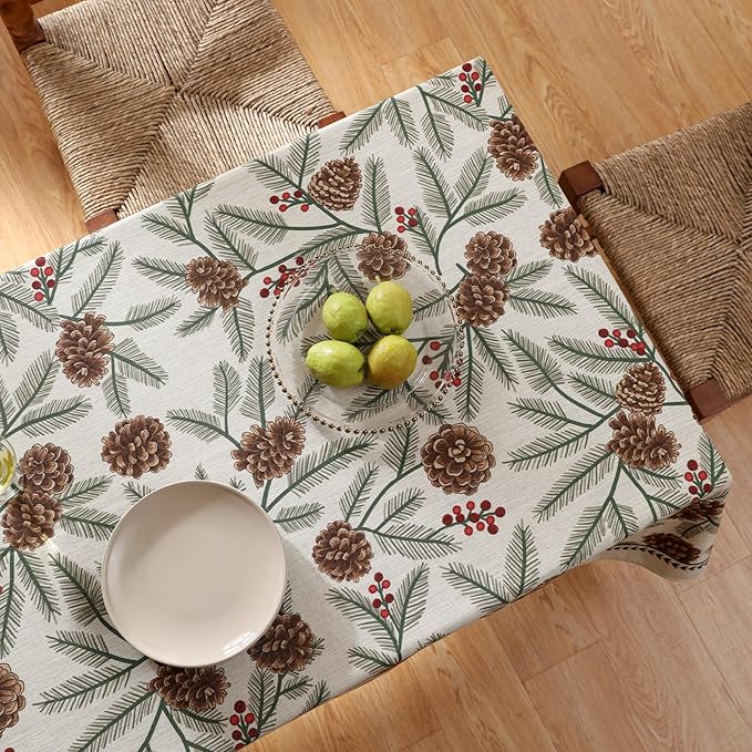 ISAENNE Designer Christmas Beige Linen Extra Long Tablecloth Rectangle,Pinecones Pattern Indoor Table Cloths,Washable Decor Tablecloths for Dining Thanksgiving Kitchen,67"*118"-Carol B