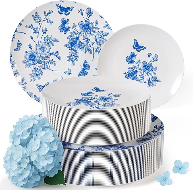 Trendables Disposable Plates For Party Supplies | Blue Floral Plastic Plates For Wedding 200 Pcs - 100 X 8 & 100 X 10 Dinner Plate Sets | Floral Plate Set Disposable Plastic Dinnerware Sets