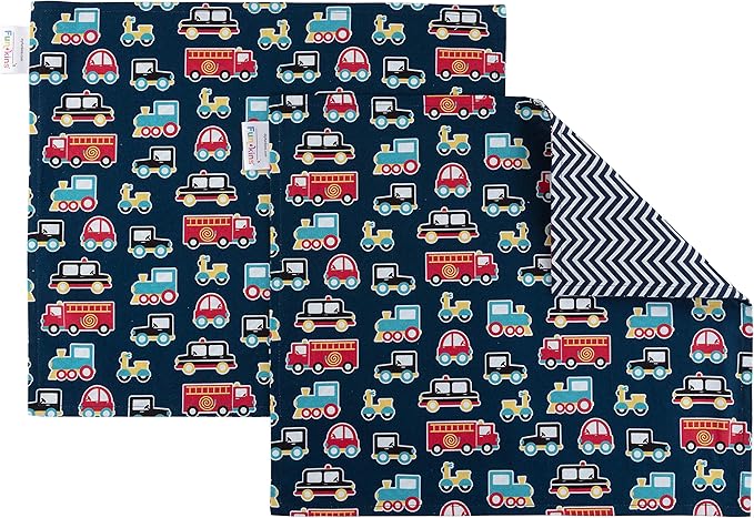 Funkins Reusable Cloth Placemats for Kids & Lunch Boxes | Reusable, Eco-Friendly | 15"x13", 2-ply, Thick, Absorbent, Machine Washable | Set of 2 Placemats (Transportation)