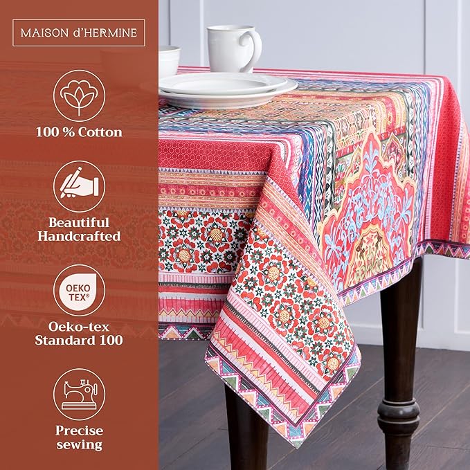 Maison d' Hermine Table Cloth Rectangle Table 100% Cotton 70 x 90 Inches Fall Tablecloth Reusable Everyday Use for Thanksgiving Christmas Decorations Dining Farmhouse Party (Ispahan)