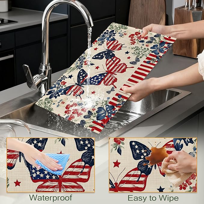 Independence Day Cloth Placemats,American Butterfly Flowers Heat-Resistant Table Placemats Set of 6, Washable Linen Place Mats for Dining Room Table Decor Home Restaurant Cafes Party 11.8x17.7 Inch