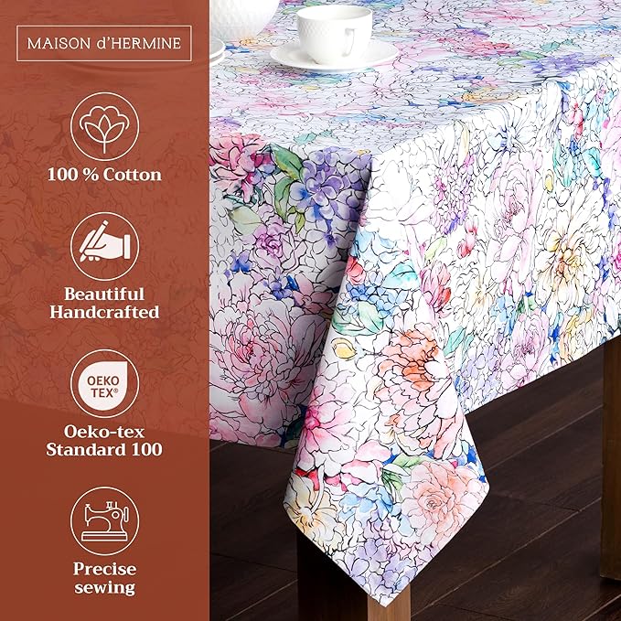 Maison d' Hermine Table Cloth Square Table 100% Cotton 60 x 60 Inches Tablecloth Reusable Decorative for Dining Room Farmhouse Home Valentines Day Decorations Spring Summer - Floral Love