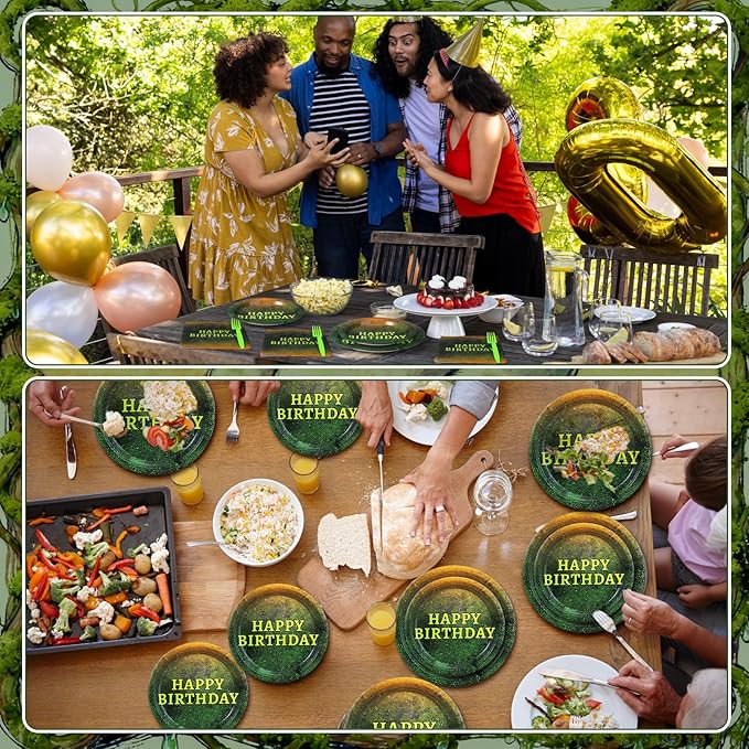 Yungyan 24 Sets Green Moss Pattern Disposable Paper Plates and Napkins Forks Plants Nature Green Ogre Themed Birthday Party Tableware Set Dinnerware for Women Men