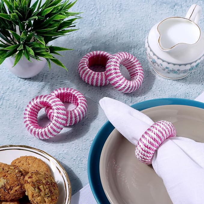 ALPHA Living HOME Napkin Rings Set - 12-Piece Elegant Round Plastic & Rayon Napkin Holders for Dining Table Decor, for Wedding, Party, Holiday, Banquet, Kitchen, Everyday Use (Pink White)