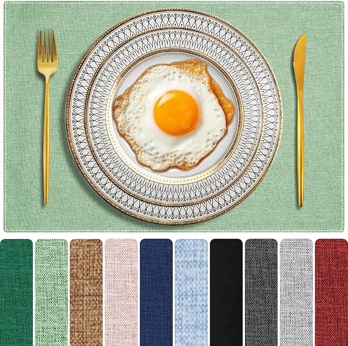 Cloth Placemats Set of 6, Cotton Linen Blend Machine Washable Double Layered Durable Place Mats Heat Resistant Placemats Wrinkle Free Thick Fabric Dining Table Mats (Light Green, 6)
