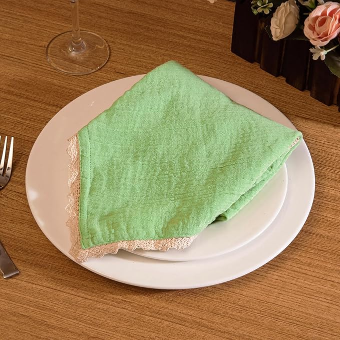 Fingercraft Dinner Cloth Napkin Cotton Muslin Double Gauze 4 Pack with Classic Lace for Everyday Use, Wedding, Party, Christmas, Easter Napkins Cloth are Pre Shrunk and Good Absorbency Lettuce Green