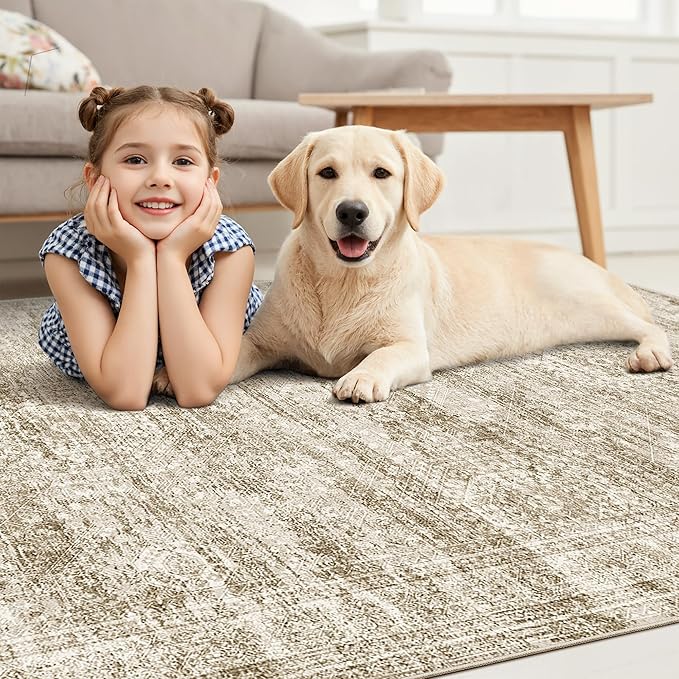 Area Rug 10x12 Vintage Washable Living Room Large Carpet Non Slip Bedroom Indoor Office Dining Room Low Pile Thin Rug Brown
