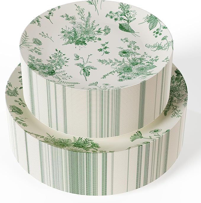 Trendables 80 Piece Plastic Disposable Plates Set For 40 Guests I 40 X 8 Inch Dessert Plates & 40 X 10 Inch Wedding Party Plates | Ivory & Green Verdure Design