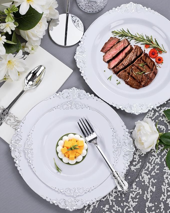 Nervure 100PCS White and Silver Plastic Plates - 10.25Inch Silver Disposable Plates - Heavyweight Dinner Plates for Wedding & Party