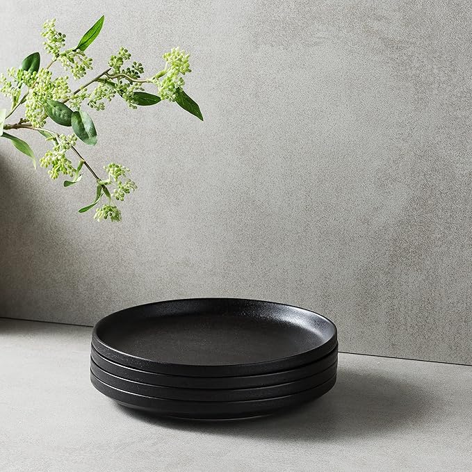 Ceramic Flat Plates Set of 4-8 in - The Dessert, Salad, Appetizer, Small Lunch, etc Plate. Microwave, Oven, and Dishwasher Safe, Scratch Resistant. Kitchen Porcelain Dish-Matte Black