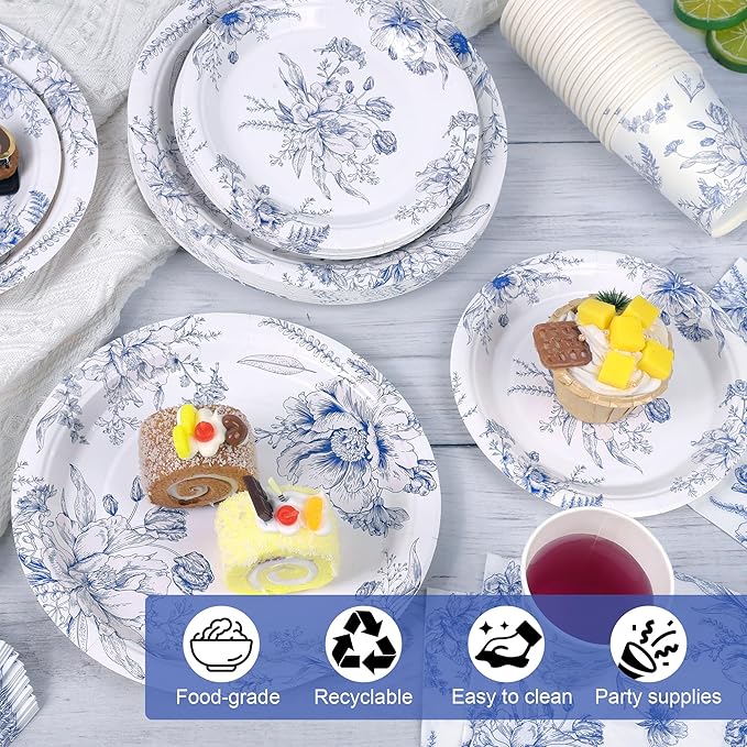 Kochorie 96 Piece Blue and White Floral Disposable Party Supplies Elegant Floral Paper Plates, Cups, and Napkins 9 Inch and 7 Inch Plates Serves 24 Guests for Birthday or Baby Shower
