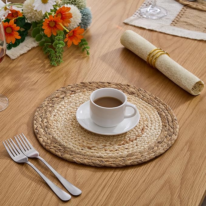 Handmade Boho Placemats Set of 6 - Natural Cotton Burlap and Water Straw Woven Rattan Wicker Braided Combination Table Mats, Macrame Table Décor Farmhouse Bohemian Style for Dining Room Table Kitchen