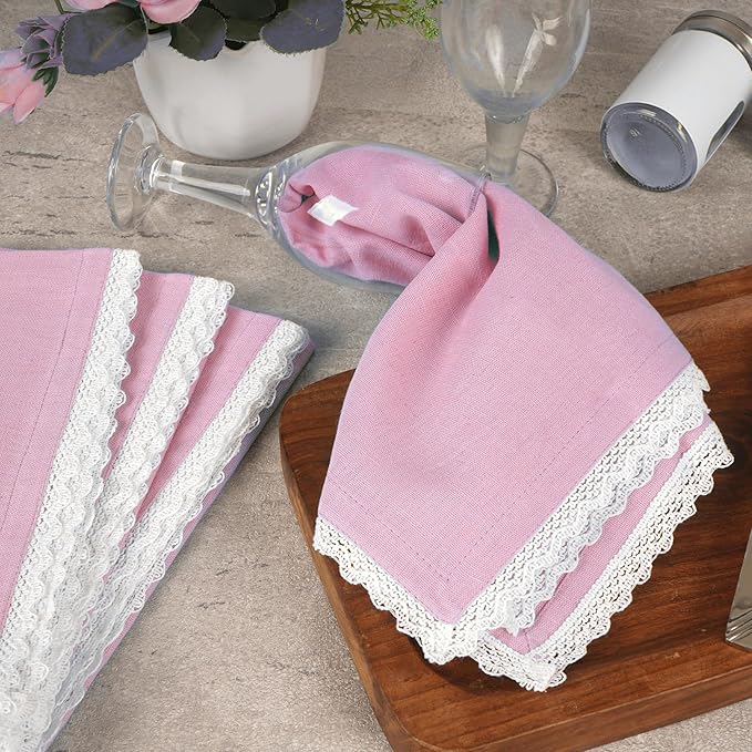 Fingercraft Dinner Cloth Napkin Cotton Linen Blend 12 Pack Mitered Corners with Elegant Lace for Everyday Use Napkins are Pre Shrunk and Good Absorbency (Pastel Rose, 20in x 20in (Set of 12))