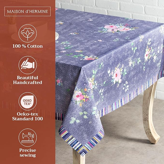 Maison d' Hermine Table Cloth Rectangle Table 100% Cotton 54 x 72 Inches Tablecloth Reusable Decorative for Dining Room Valentines Day Decorations Spring Summer - Sweet Rose Lavender - Country Garden