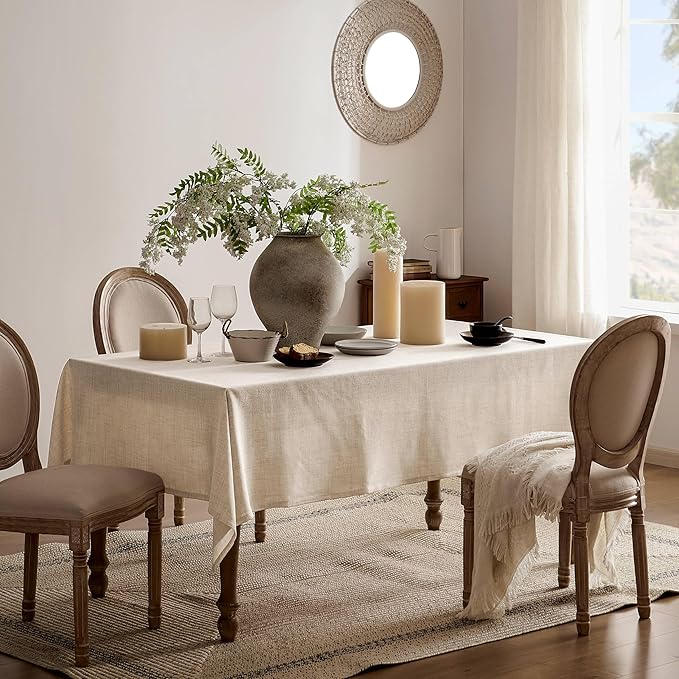 Linen Tablecloth for Rectangle Table 52x52 Inch Light Tan, Farmhouse Style Beige Tablecloth, Water Resistant Burlap Tablecloths for Dining Table Farmhouse Kitchen