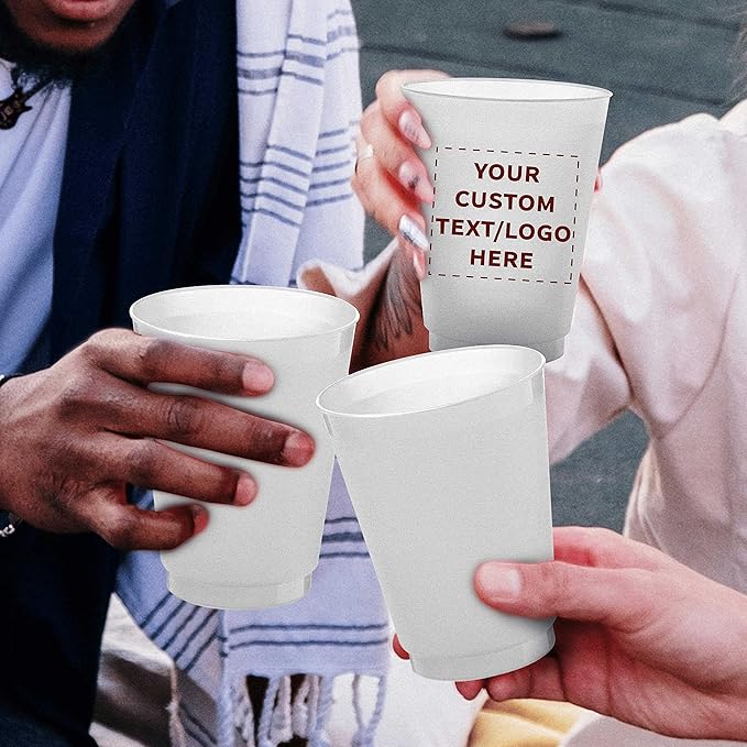 DISCOUNT PROMOS Custom Frosted Plastic Stadium Cups, 10 pack, Promotional Text, Logo, 16 oz. Shatterproof Flexible Reusable Party Cups, Natural