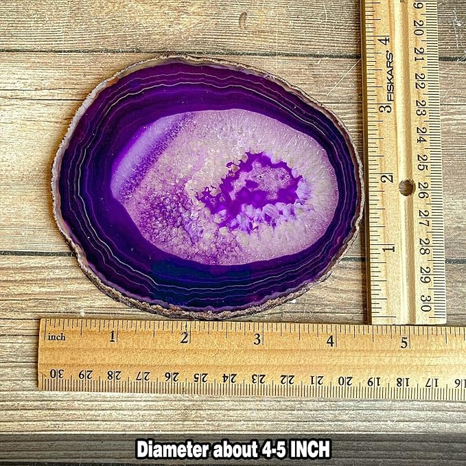 AMOYSTONE 4pcs Purple Agate Stone Coasters Large Cup Mat Natural Agate Slices 4-5 INCH with Rubber Bumpers, Home Decor
