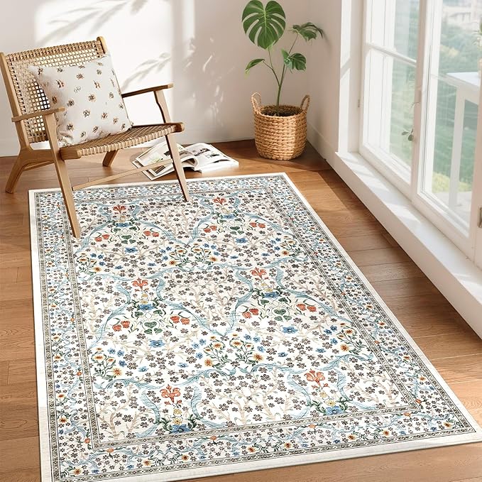 GarveeHome Floral 3x5 Area Rugs for Entryway, Washable Kitchen Rug Non Slip, Low Pile Bedroom Rug, Ultra Soft Stain Resistant Small Carpet for Laundry Room, Beige