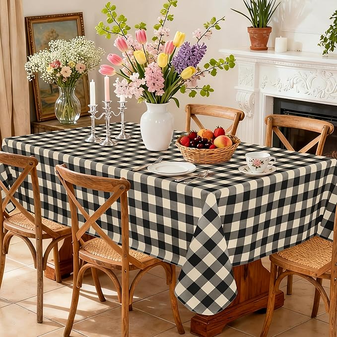 misaya Rectangle Waterproof Vinyl Table Cloth, Buffalo Flannel Backed Tablecloth, Wipeable Plastic Table Cover for Dinner, Kitchen, Outdoor (60" x 102", Black and Beige)