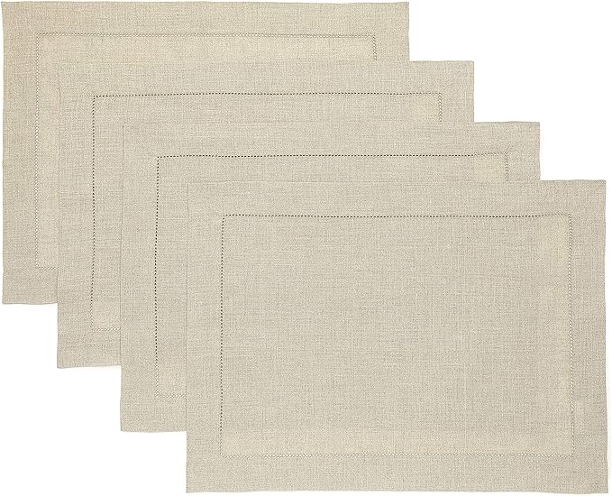 Solino Home Linen Placemats Set of 4 - Classic Hemstitch Natural Placemats 14 x 19 Inch - 100% Pure Linen Table Mats for Spring, Easter
