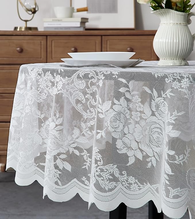 Warm Home Designs 70 Inch Round Tablecloth with English Rose Design. Use as Circle Tablecloth, Rustic Tablecloth or as Elegant Lace Table Cloth. Ivory Table Clothes for 4-6 Guests. LTC Ivory 70"