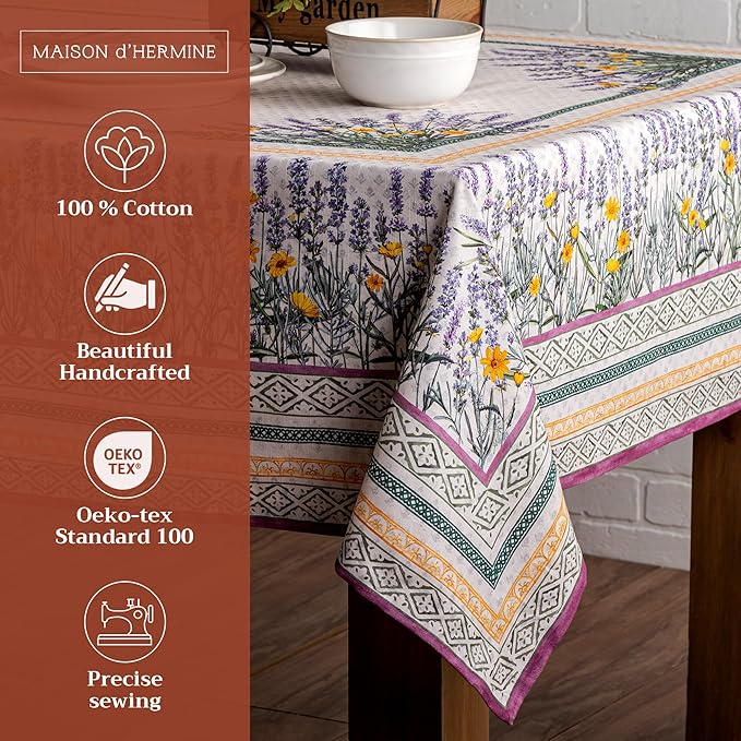 Maison d' Hermine Table Cloth Rectangle Table 100% Cotton 60 x 90 Inches Tablecloth Reusable Decorative for Dining Room Farmhouse Home Valentines Day Decorations Spring Summer - Fanny Lavender