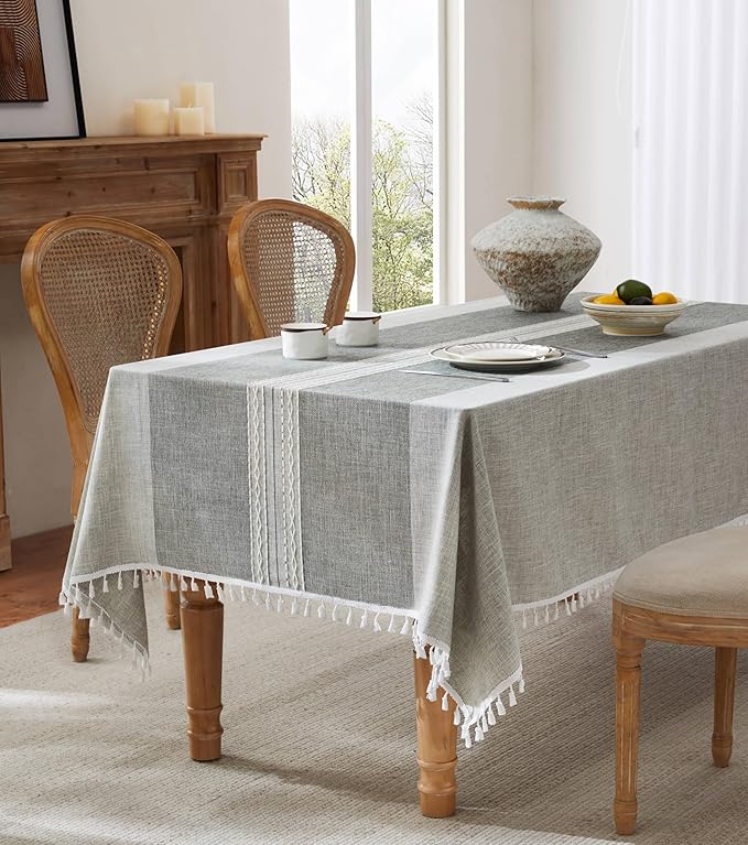 ZeeMart Contrast Linen Table Cloth Square Table Cloths 60x60 Inch Mid-Stripe Grey, Farmhouse Style Heavy Weight Grey Tablecloth, Water Resistant Burlap Tablecloths