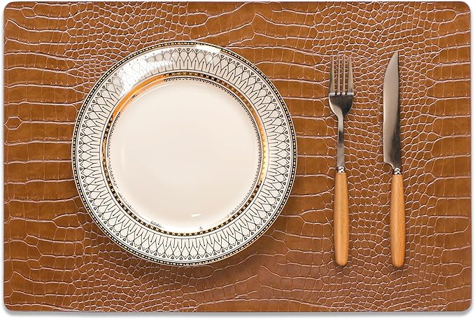 Jovono Faux Leather Placemats Set of 6, Waterproof Heat Resistant Dinner Place Mats for Dining Table, Non-Slip Crocodile Embossed, Brown (17.8x11.8 Inch)