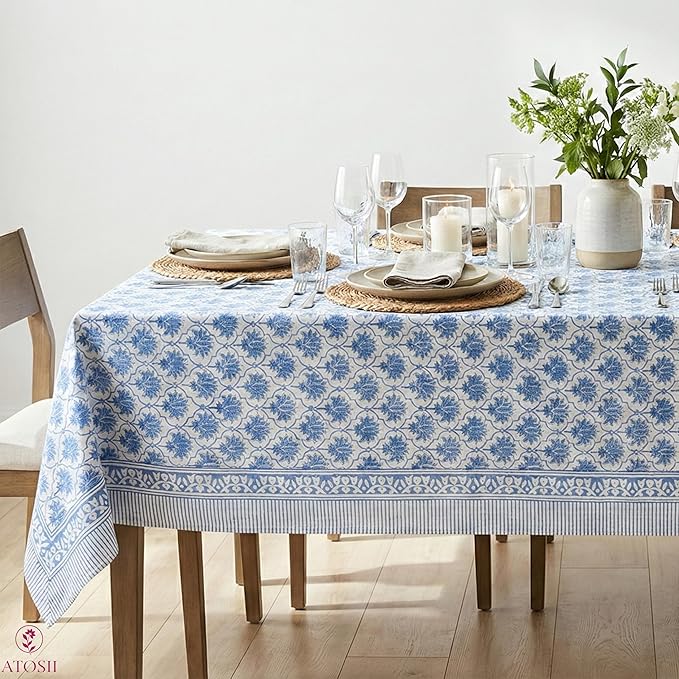 ATOSII Padma Blue 100% Cotton Rectangle Summer Tablecloth, Indian Block Print Floral Table Cloth I Dining Parties Weddings Outdoors Holidays 60 X 108 Inches, 8 Seater I Grandmillennial Farmhouse Boho