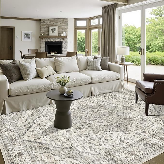 Deerly Boho 6x9 Area Rug Vintage Rugs for Living Room, Washable Rugs Non Slip Large Area Rug for Dining Room Bedroom Office, Floor Decoration Big Rug Mat Low-Pile (Cream)
