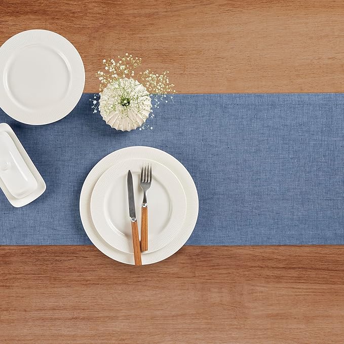 Solino Home Linen Table Runner 72 Inches Long - Athena, 100% Pure Linen Blue Denim Dining Table Runner 14 x 72 Inch for Winter, Spring, Easter