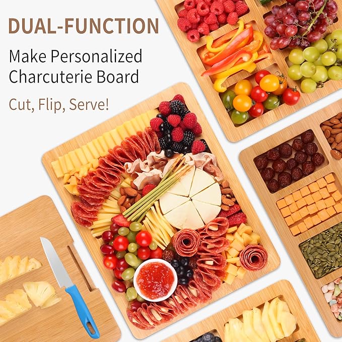 Charcuterie Board with Lid and Handle - Portable Travel Design Bamboo Cheese Board Set with 4 Cheese Tools, Gift for Housewarming, Weddings, Picnics (8 Compartments, Black)