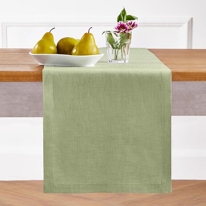 Solino Home Linen Table Runner 72 Inches Long - Athena, 100% Pure Linen Chambray Olive Table Runner 14 x 72 Inch for Dining, Spring, St Patricks Day
