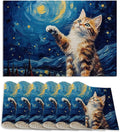 Set of 6 Washable Cute Cat Placemats Non-Slip Heat-Resistant12x18 Inch Thick Decorative Van Gogh Starry NightLinen Table Mats for Dining Table Home Décor